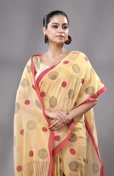 Block Printed Cotton Saree - Beige