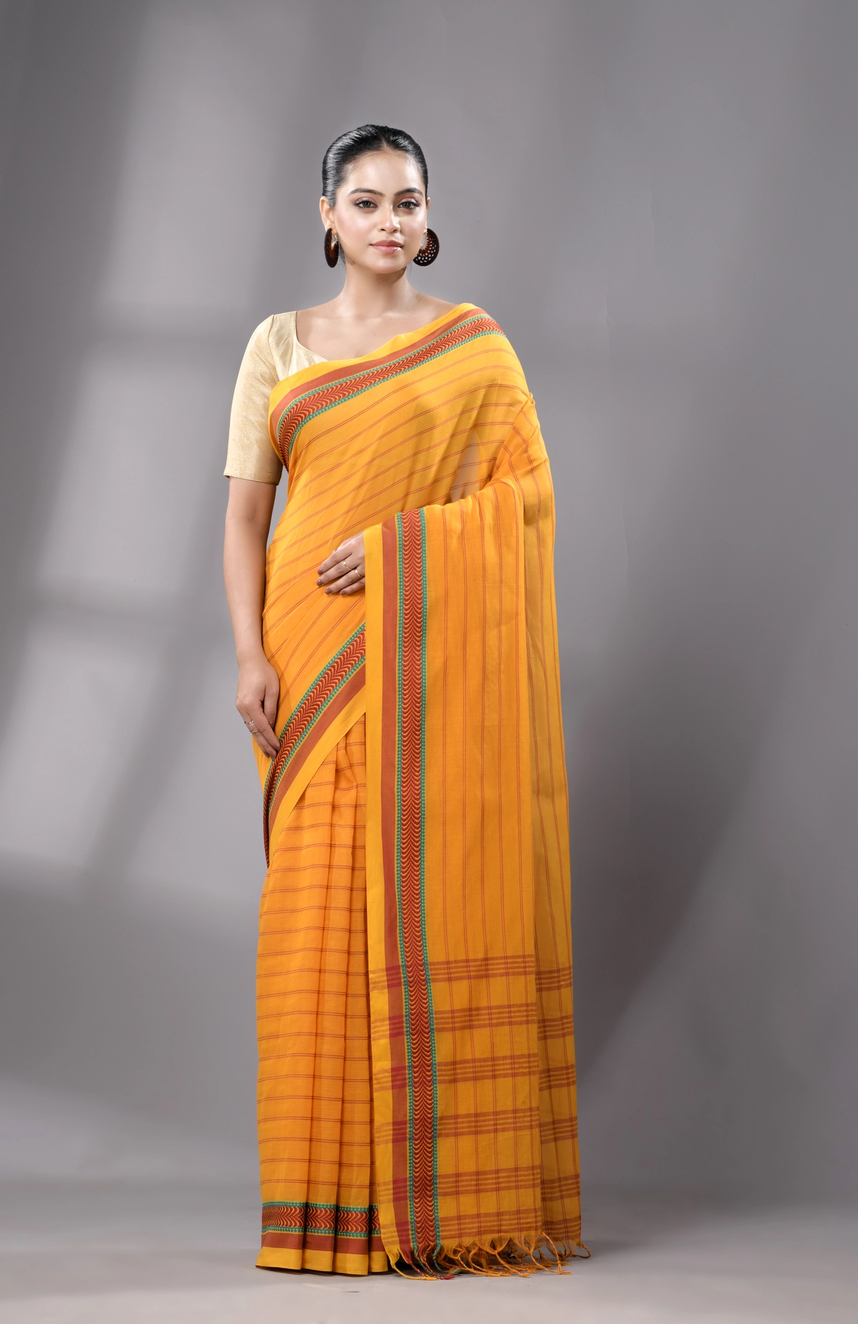 Santipuri Cotton Saree - Yellow - Image 3