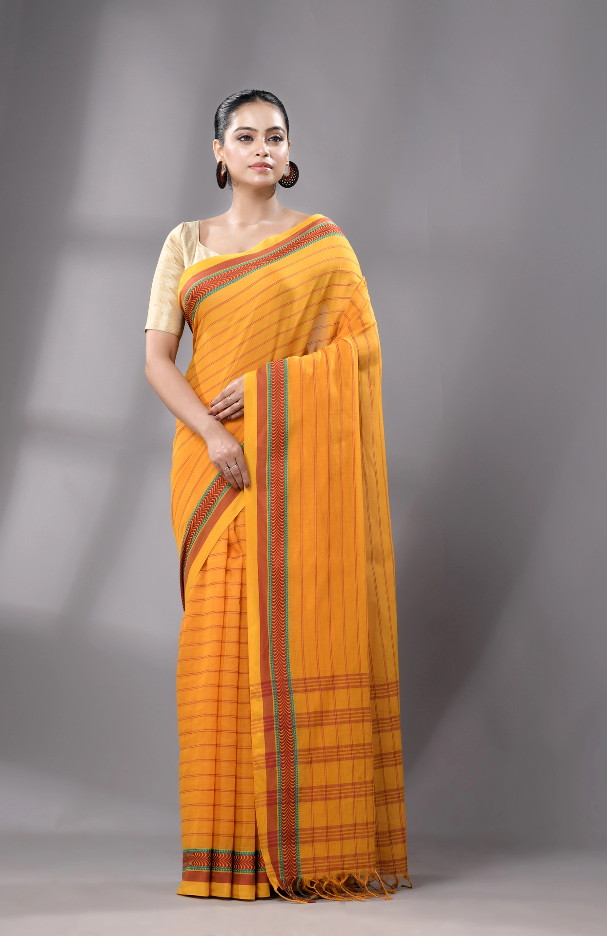 Santipuri Cotton Saree - Yellow - Image 2