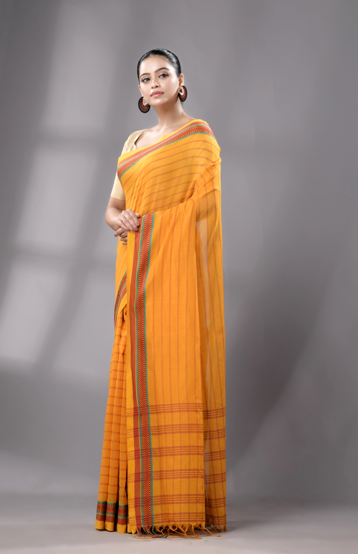 Santipuri Cotton Saree - Yellow - Image 4