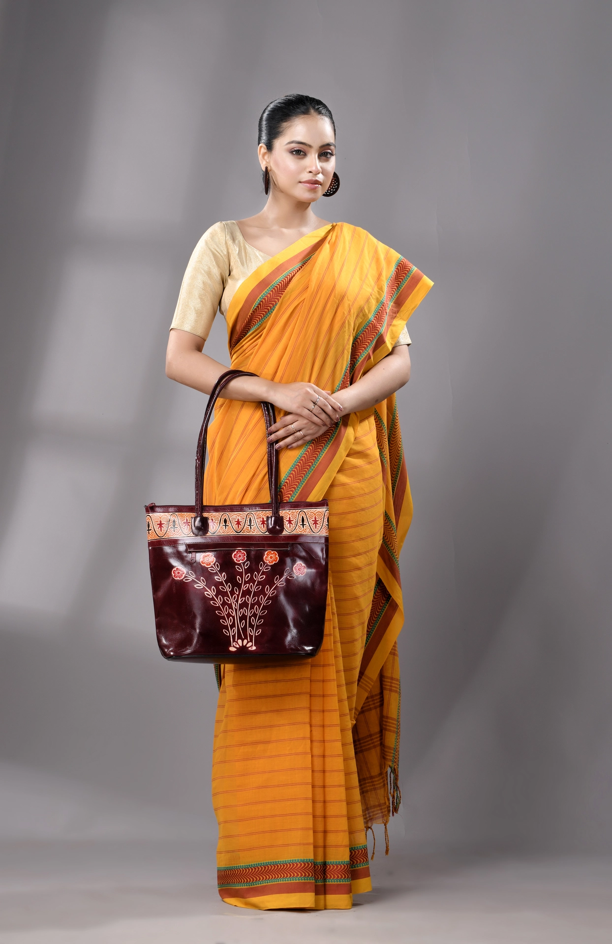 Santipuri Cotton Saree - Yellow - Image 5