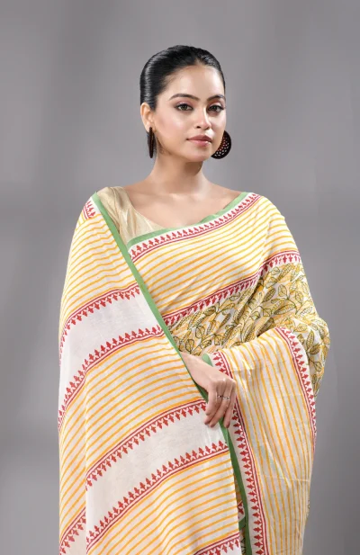 Block Printed Handwoven Cotton Saree - Multicolour