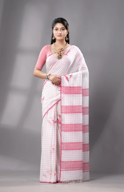 Block Printed Cotton Saree - White