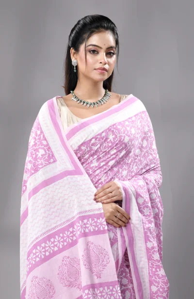 Block Printed Handwoven Muslin Cotton Saree - Lavender