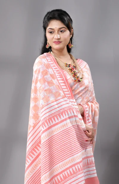 Block Printed Handwoven Muslin Cotton Saree - Peach