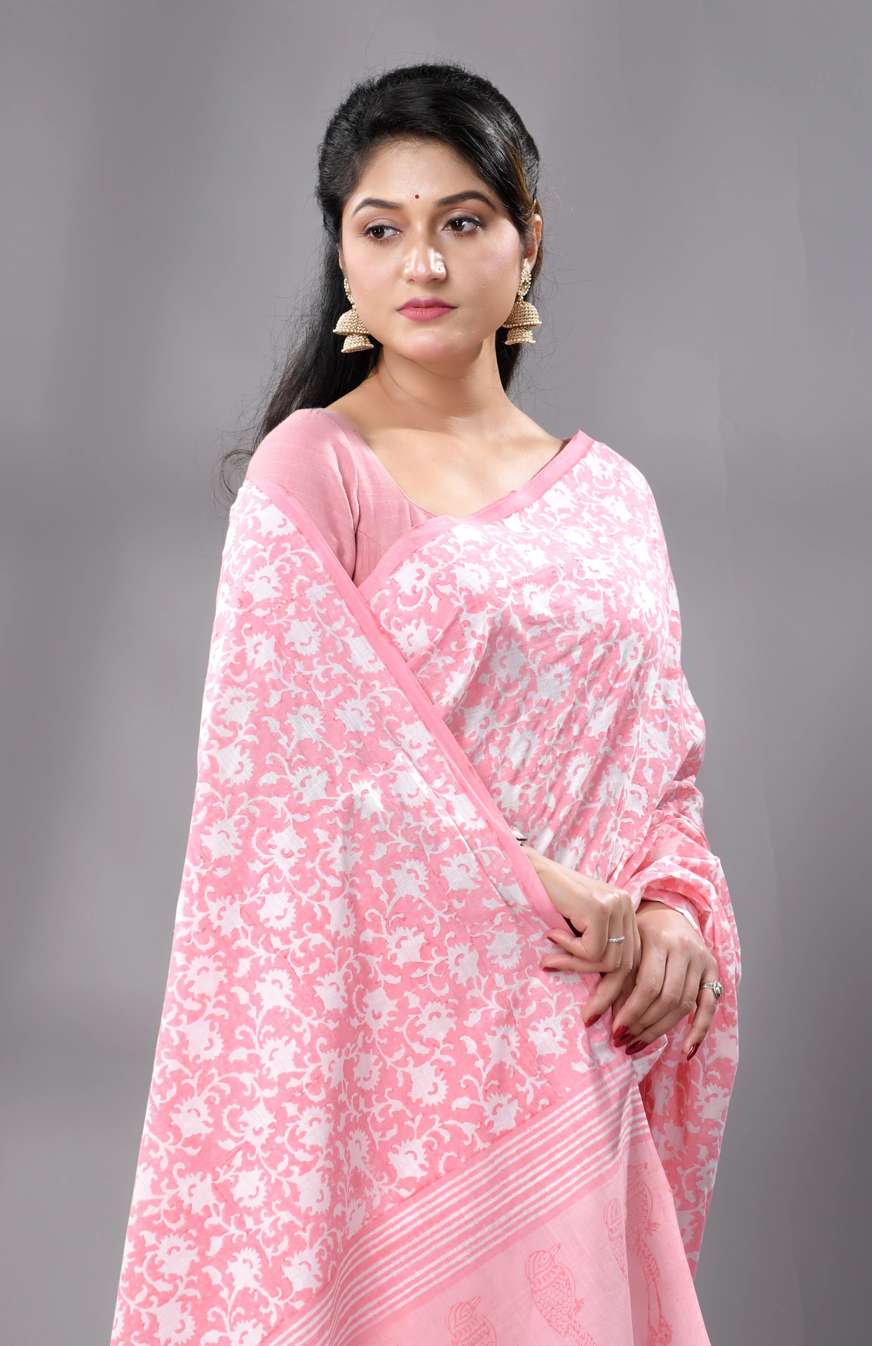 Block Printed Handwoven Muslin Cotton Saree - Pink