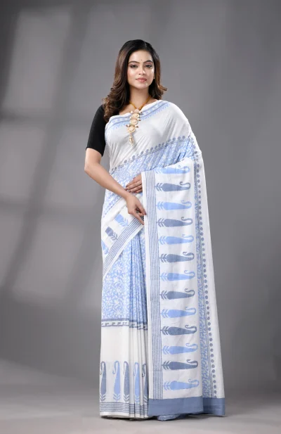 Block Printed Handwoven Muslin Cotton Saree - Blue