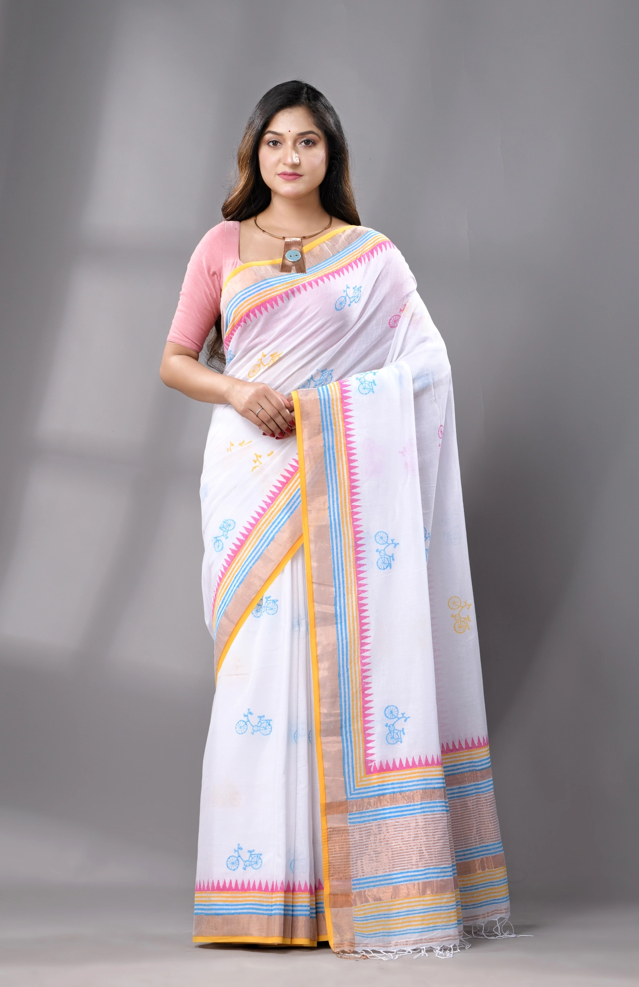 Block Printed Handwoven Cotton Saree - Off-White