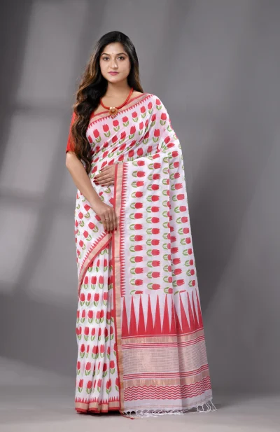 Block Printed Handwoven Cotton Saree - Off-White