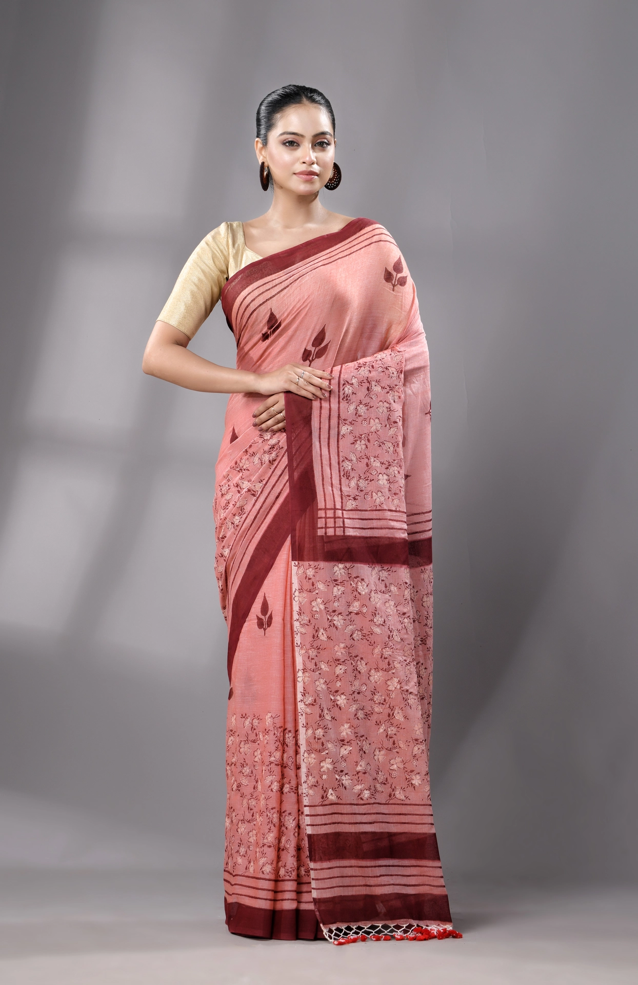 Hand Block Printed Handwoven Muslin Cotton Saree - Brown - Image 5