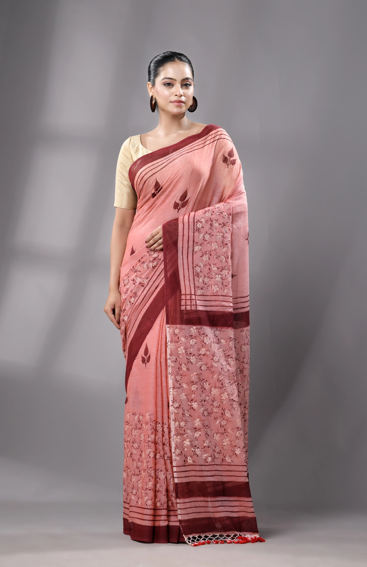 Hand Block Printed Handwoven Muslin Cotton Saree - Brown - Image 2