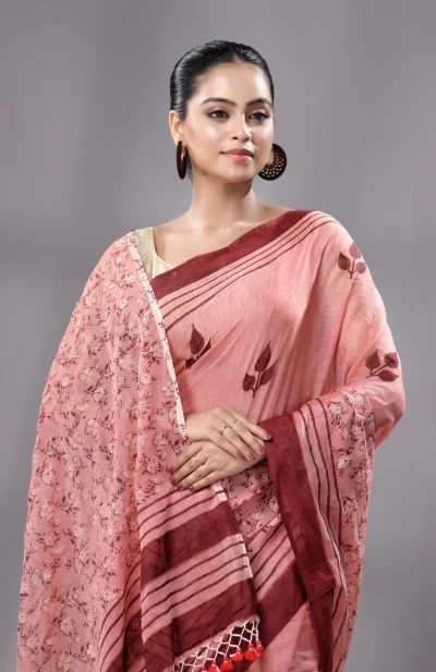 Hand Block Printed Handwoven Muslin Cotton Saree - Brown
