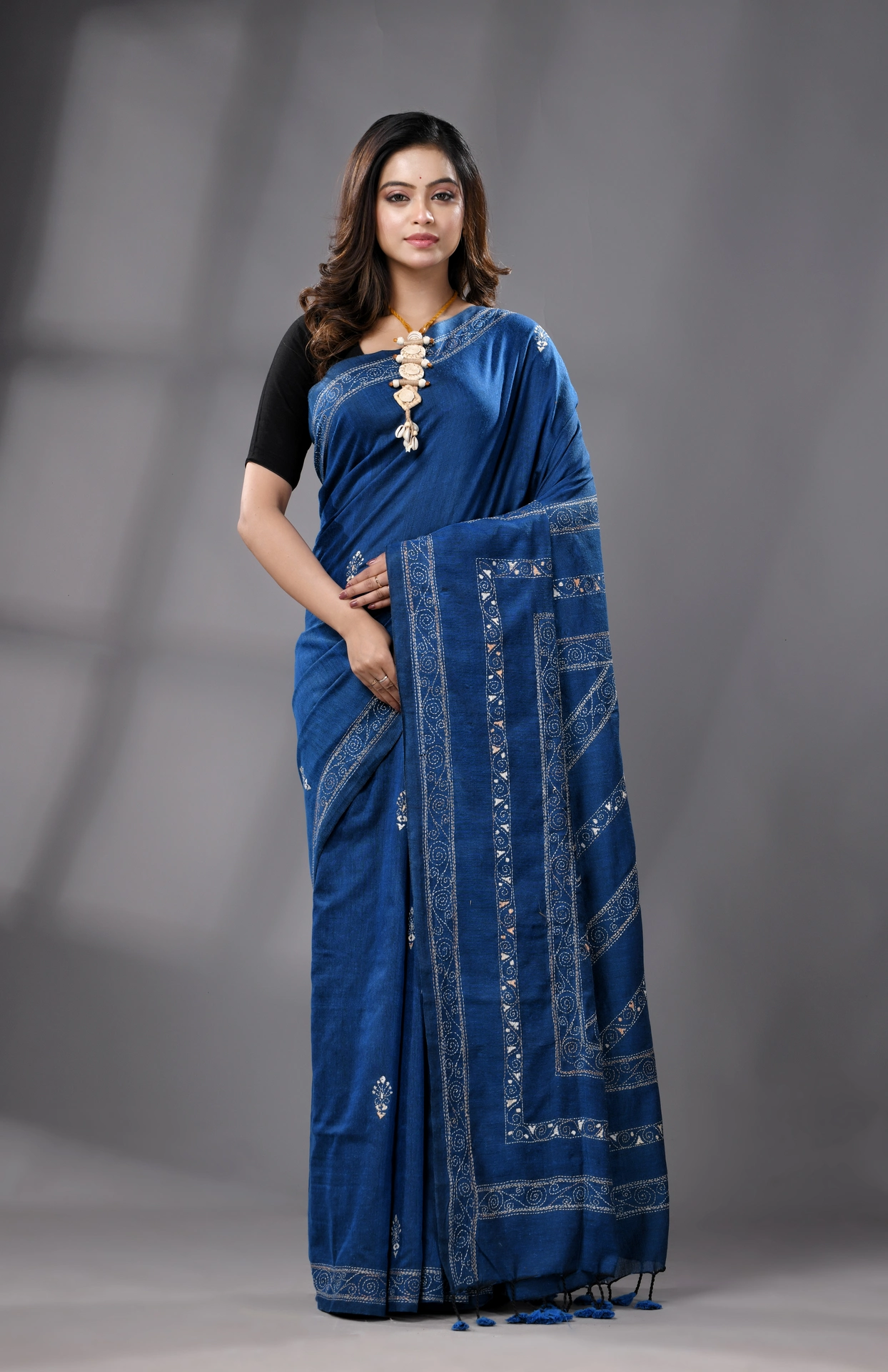 Kantha Stiched Cotton Saree - Indigo - Image 4