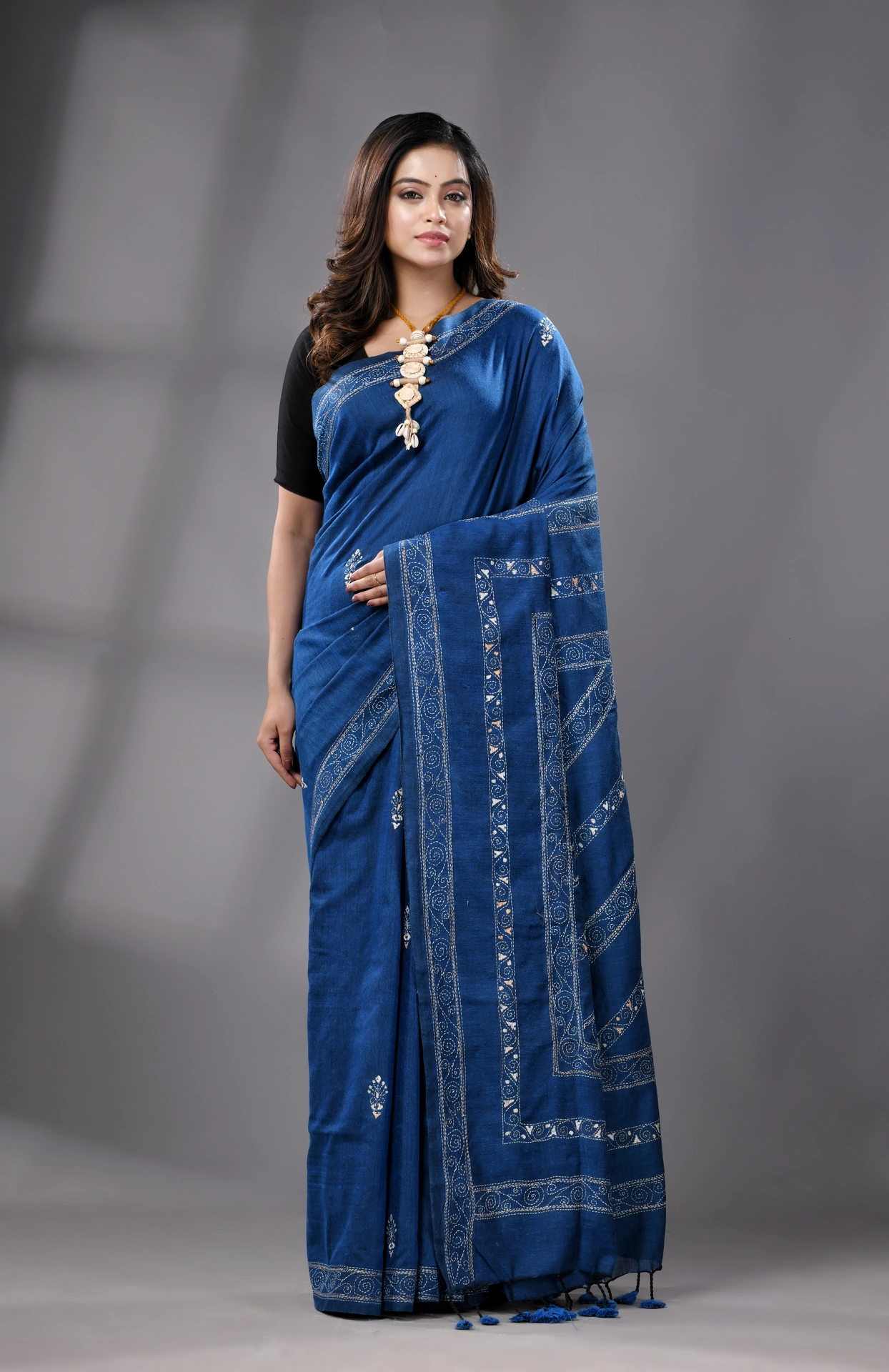 Kantha Stiched Cotton Saree - Indigo - Image 3