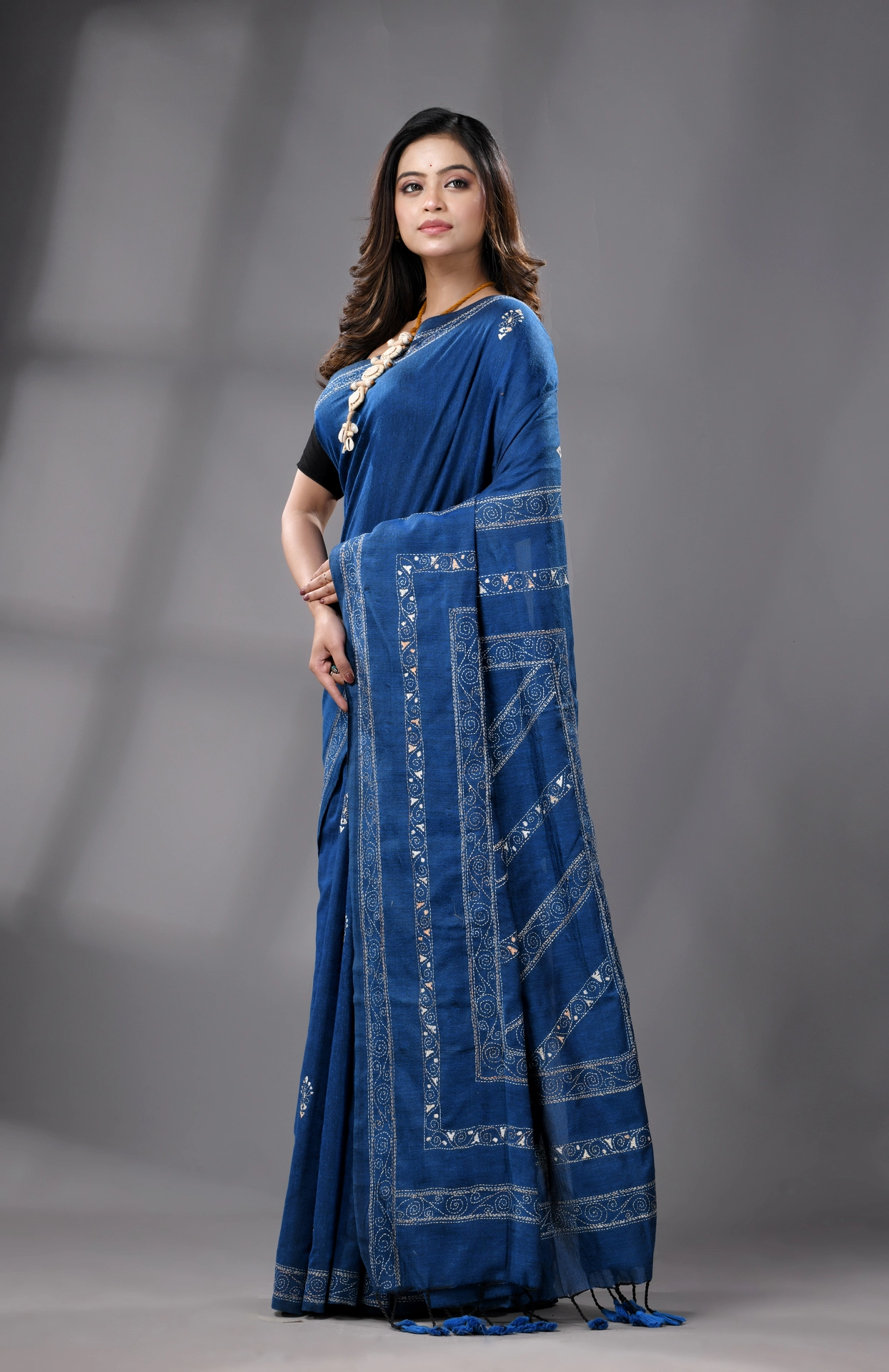 Kantha Stiched Cotton Saree - Indigo - Image 2