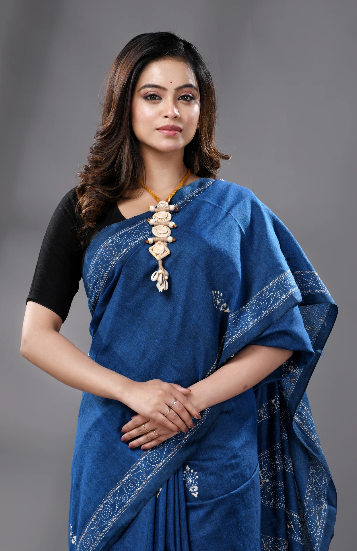 Kantha Stiched Cotton Saree - Indigo