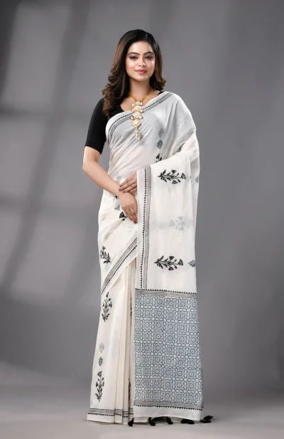 Block Printed Cotton Saree - Off-White
