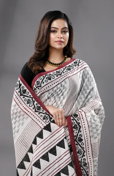 Block Printed Cotton Saree - Off-White