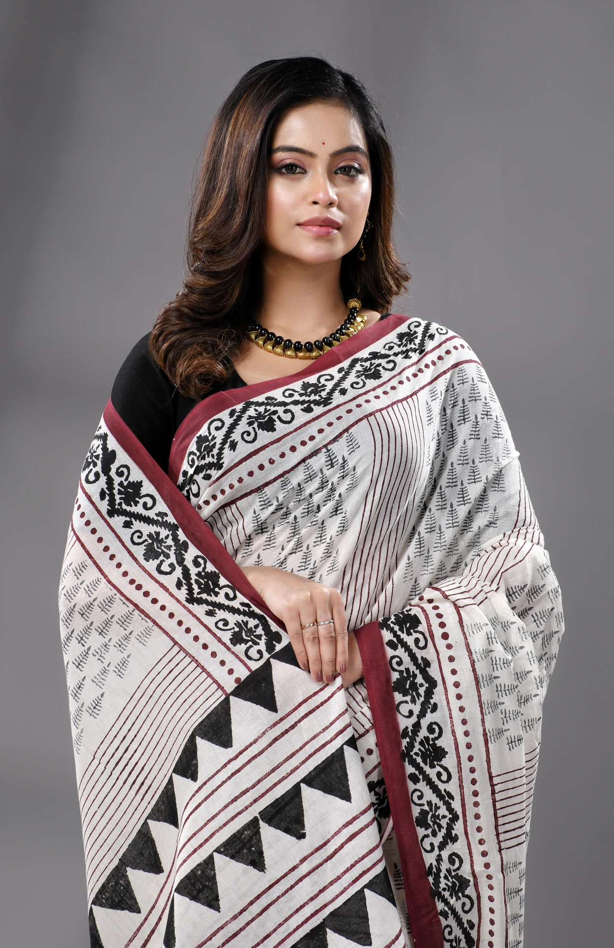 Block Printed Cotton Saree - Off-White