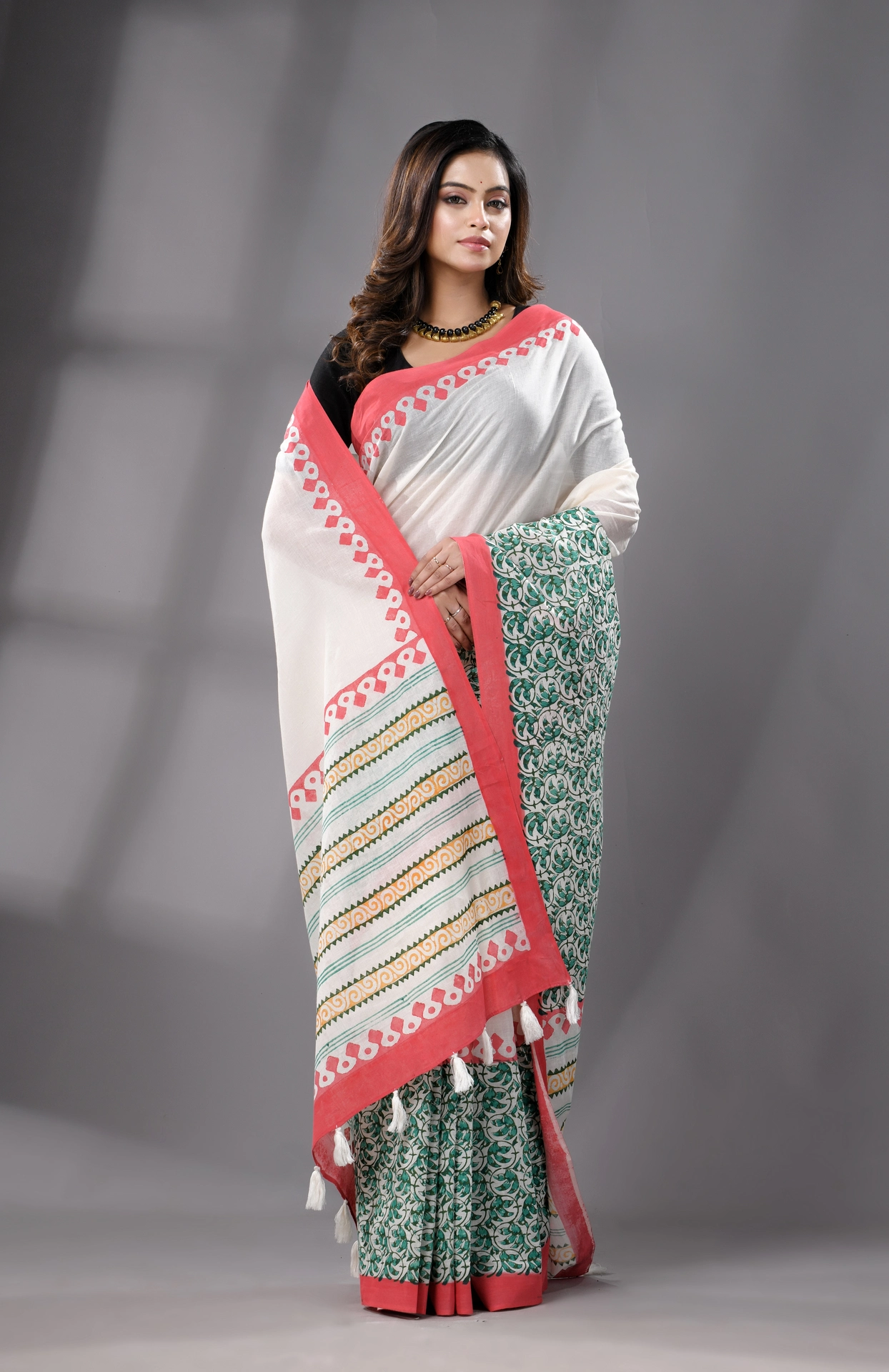 Block Printed Cotton Saree - Off-White