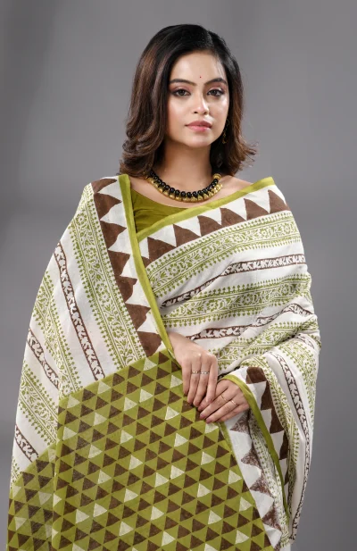 Block Printed Cotton Saree - Green