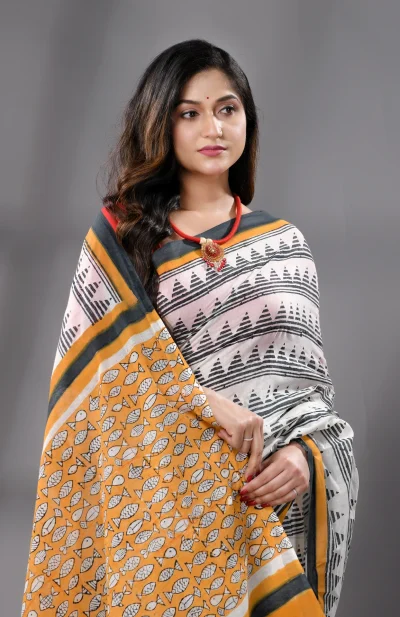Block Printed Cotton Saree - Multicolour