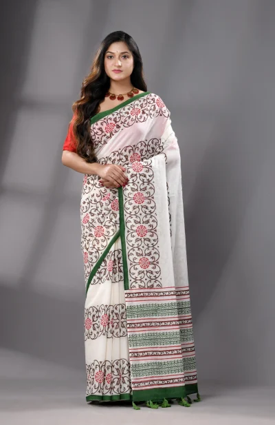 Block Printed Cotton Saree - Multicolour