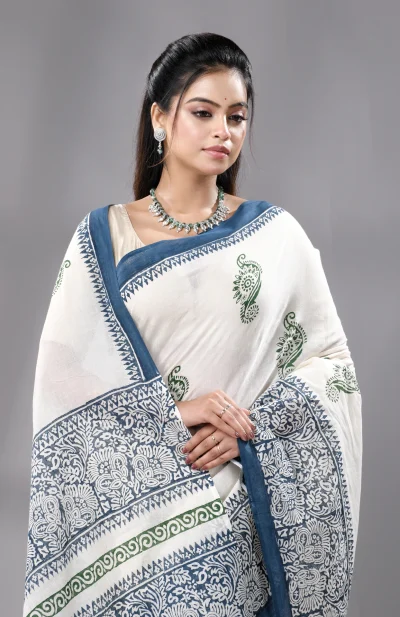 Block Printed Cotton Saree - Blue
