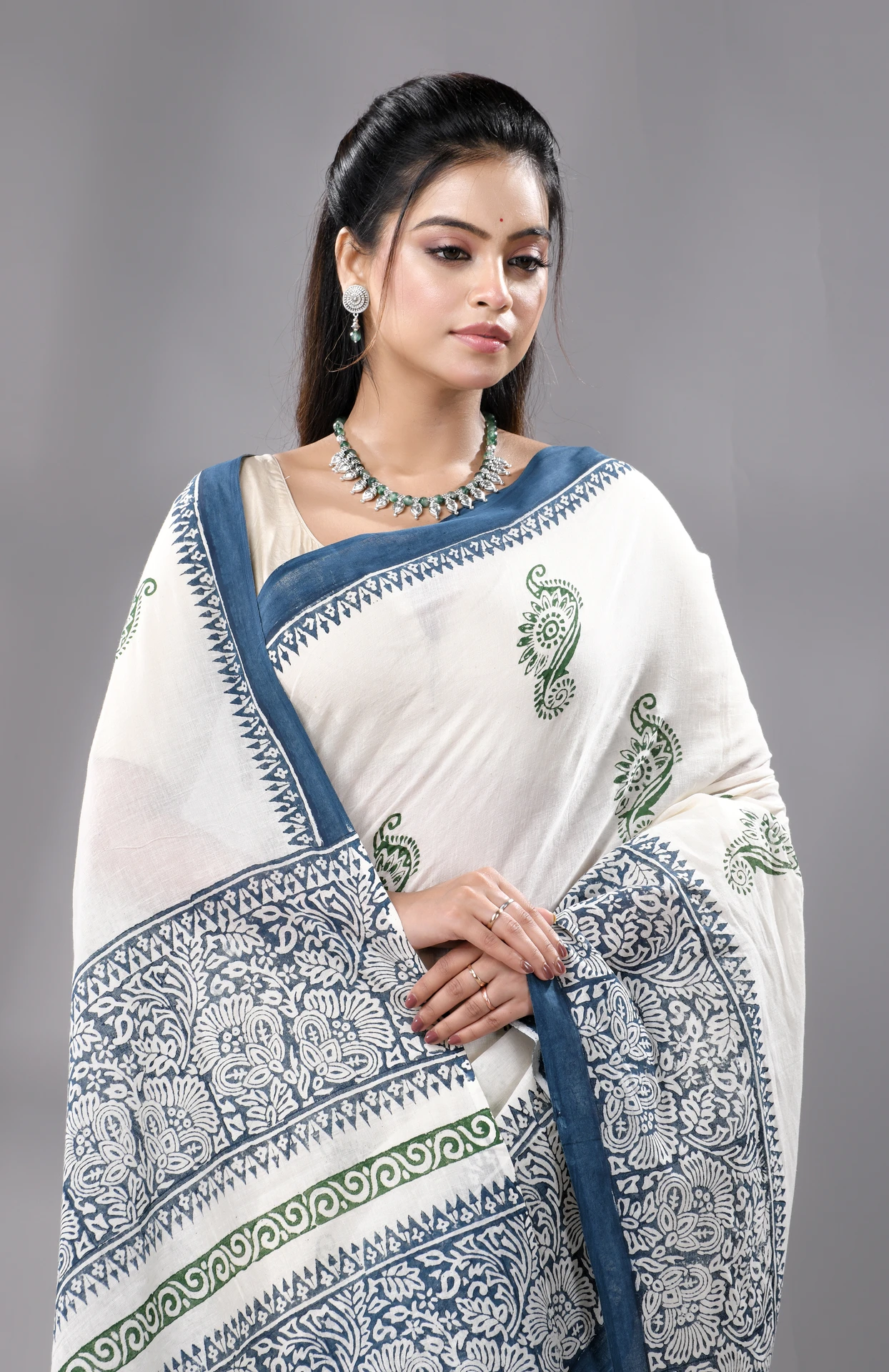 Block Printed Cotton Saree - Blue
