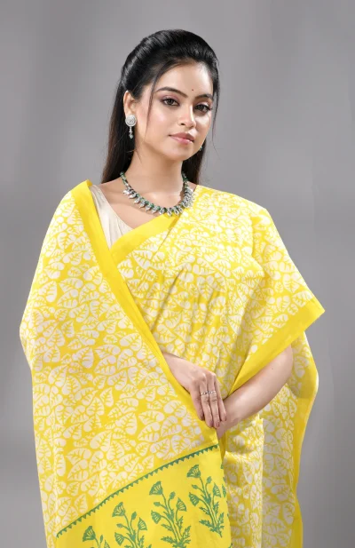 Block Printed Cotton Saree - Yellow