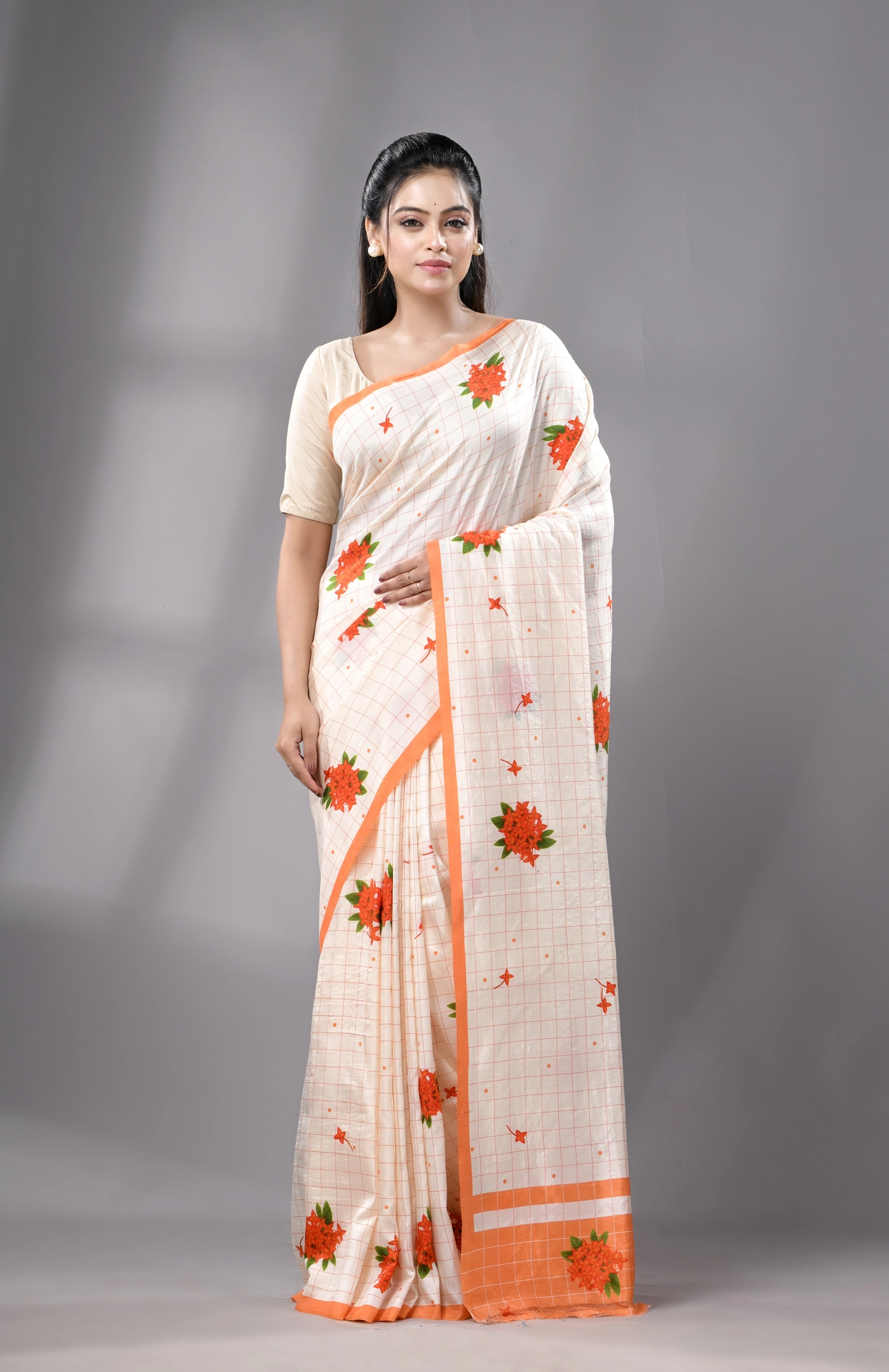 Digital Printed Silk Saree - Cream - Image 4