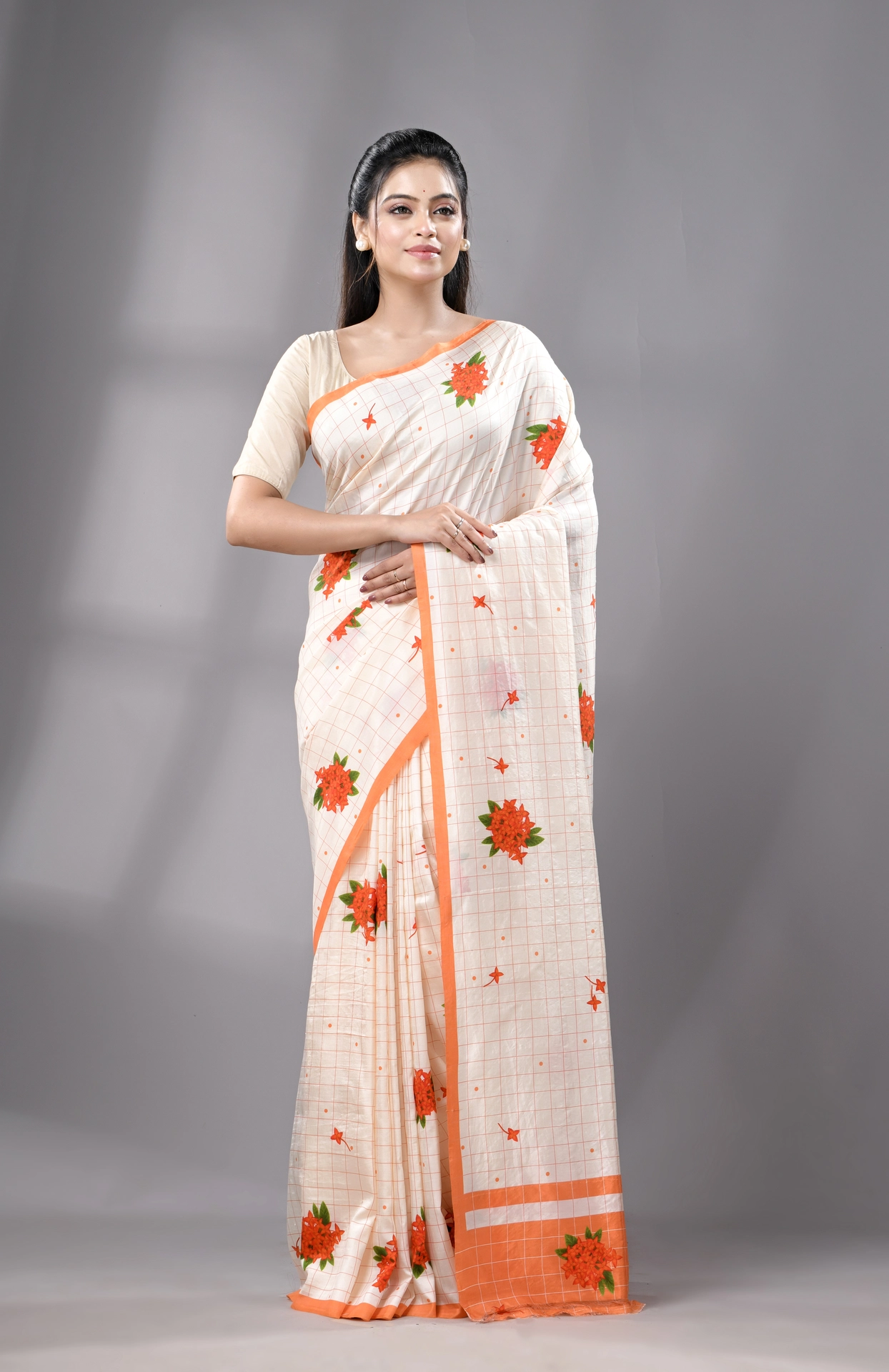 Digital Printed Silk Saree - Cream - Image 3