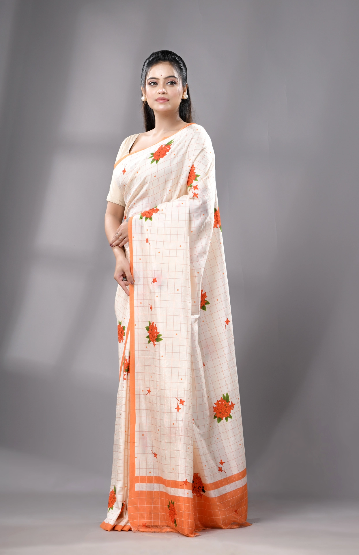 Digital Printed Silk Saree - Cream - Image 2