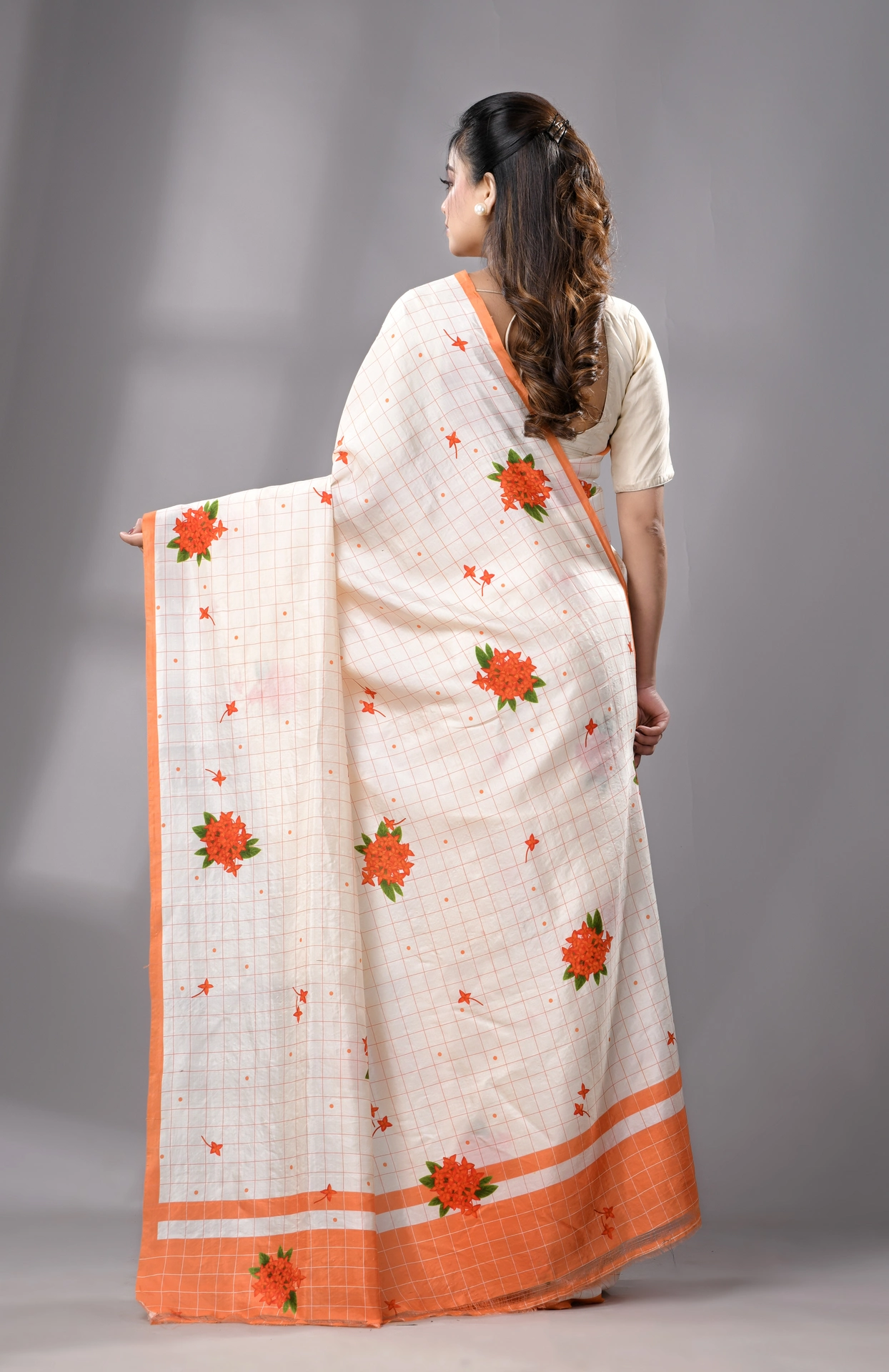 Digital Printed Silk Saree - Cream - Image 5