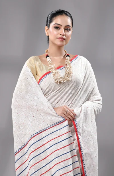 Block Printed Handwoven Muslin Cotton Saree - White