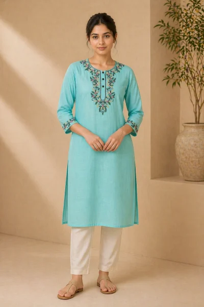 Cotton Slub Embroidered Kameez - Green