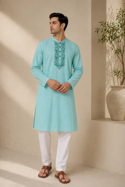 Cotton Embroidered Kurta - Sea Green