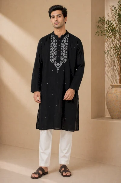 Cotton Jamdani Kurta - Black