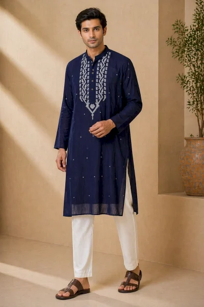Cotton Jamdani Kurta - Navy
