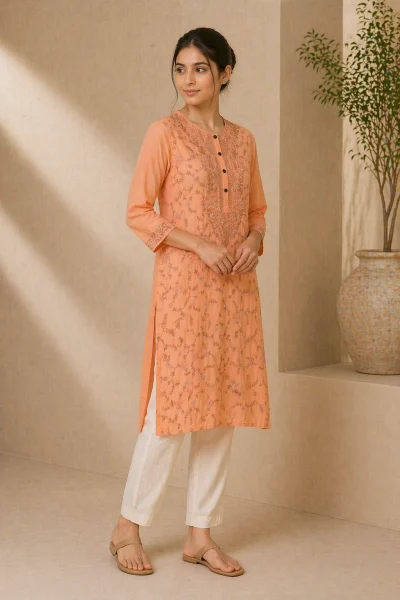 Cotton Embroidered Kameez - Peach