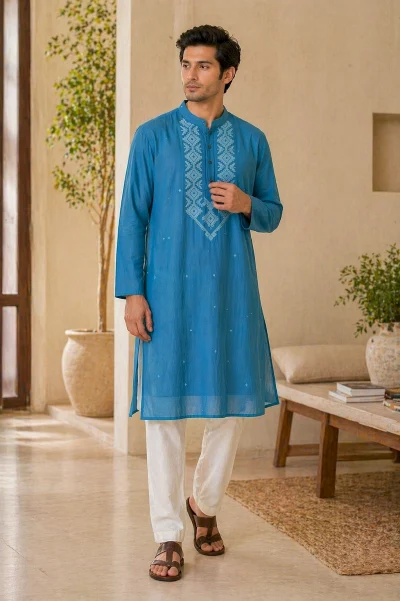 Cotton Jamdani Kurta - Blue
