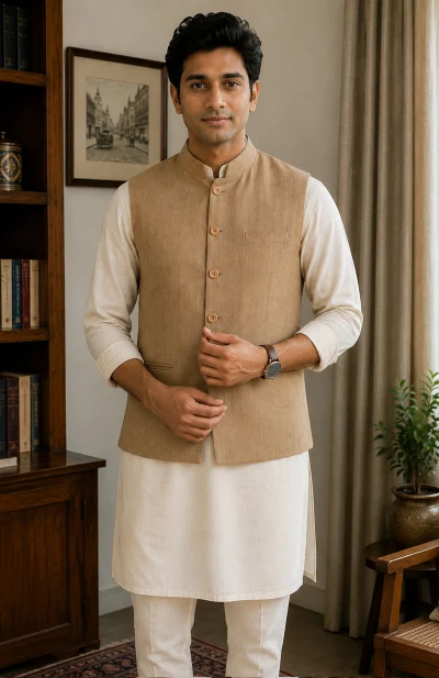 Strips Linen Handloom Jacket - Beige