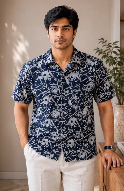 Batik Print Cotton Shirt – Navy