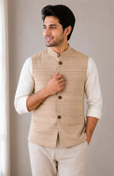 Tussar Handloom Jacket - Beige
