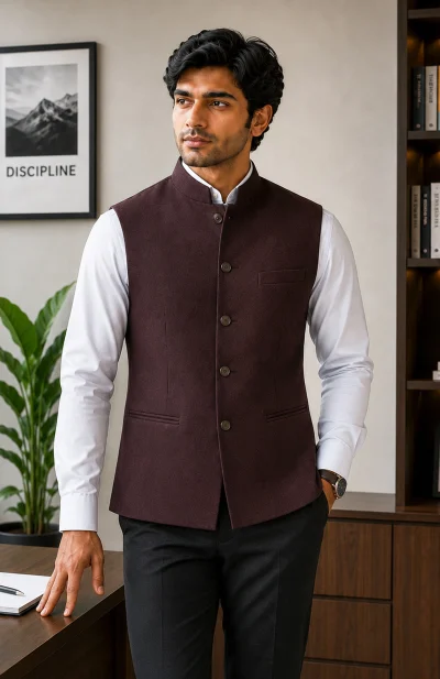 Linen 6 Panel Handloom Jacket - Wine