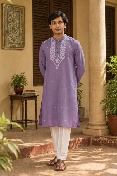 Cotton Jamdani Kurta - Pastel Purple