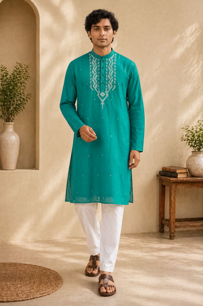 Cotton Jamdani Kurta - Sea Green
