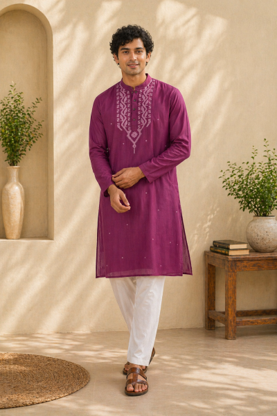 Cotton Jamdani Kurta - Magenta