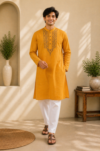 Cotton Jamdani Kurta - Mustard Yellow