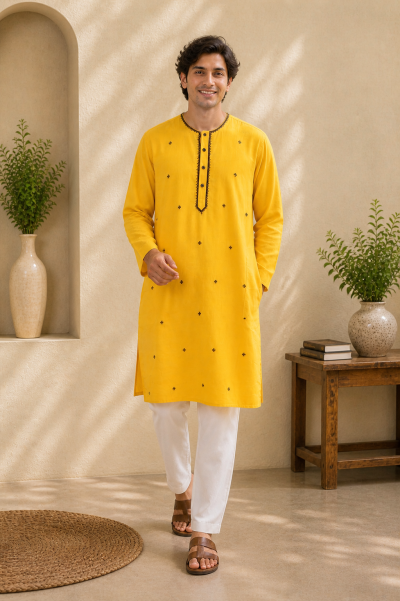 Cotton Slub Embroidered Kurta - Yellow